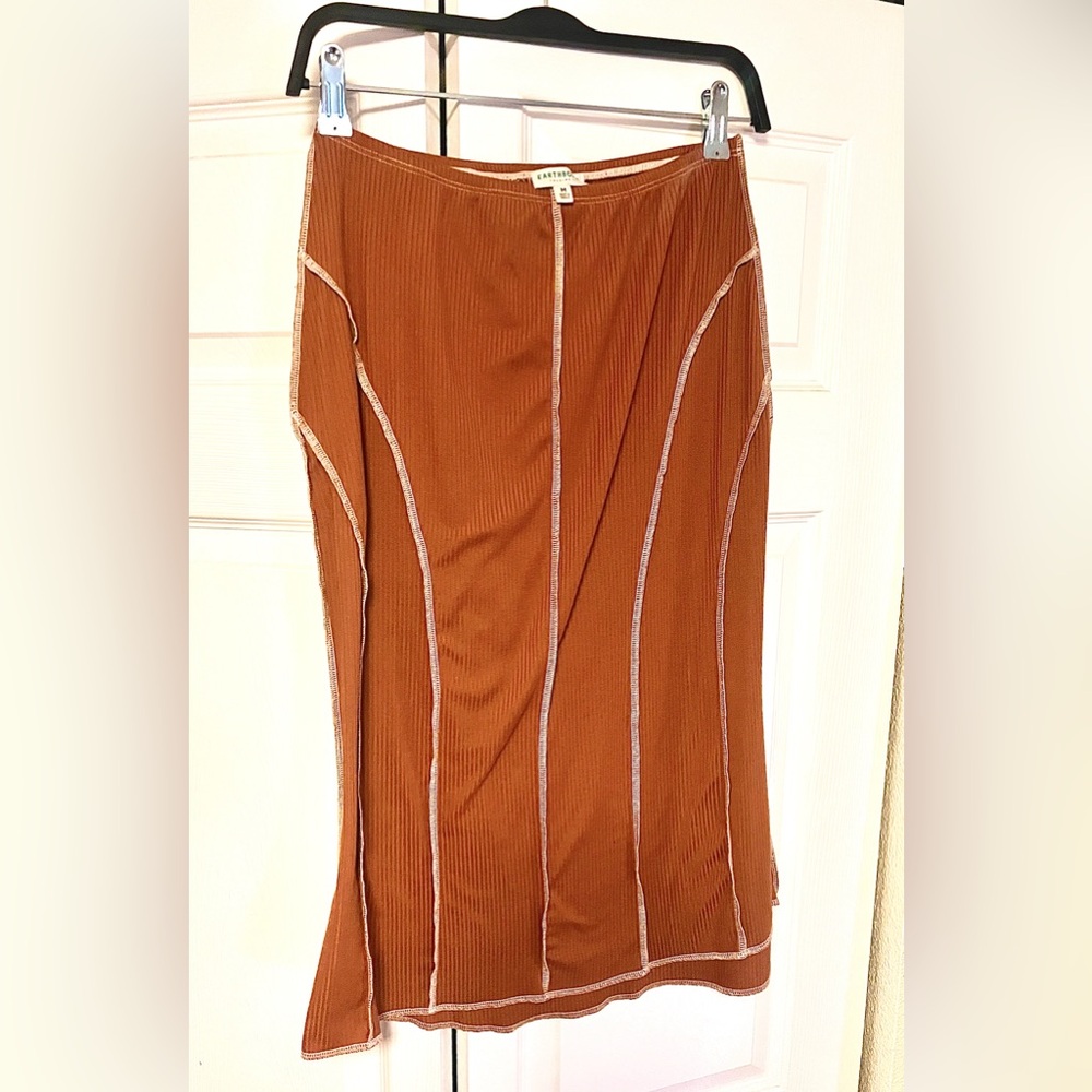 Earthbound Orange Ribbed Brown Skirt with White Accents midi slight flare boho